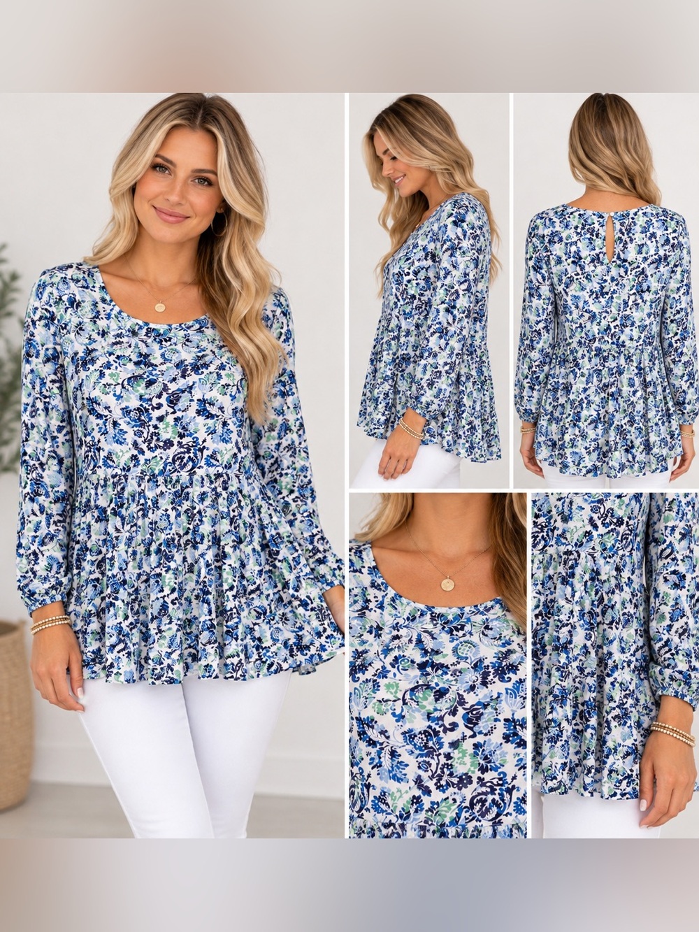 Jane & Delancey Blue Floral Print Long Sleeve Peplum Blouse Top size medium